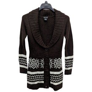 Vintage Y2K Wet Seal Fair Isle Shawl Collar Long Cardigan Dark Brown White XS